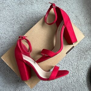 Red Open Toe Block Heels with Ankle Strap